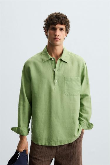პოლო პერანგი სელის ქსოვილი - ბამბა - Zara-ს Light green