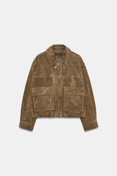 CAZADORA BOMBER 100% PIEL - Khaki de Zara