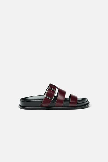 FLAT SANDALS WITH LEATHER STRAPS - Burgundy Red by Zara