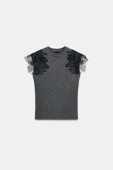 Zara FLORAL RIBBED TOP - Gray