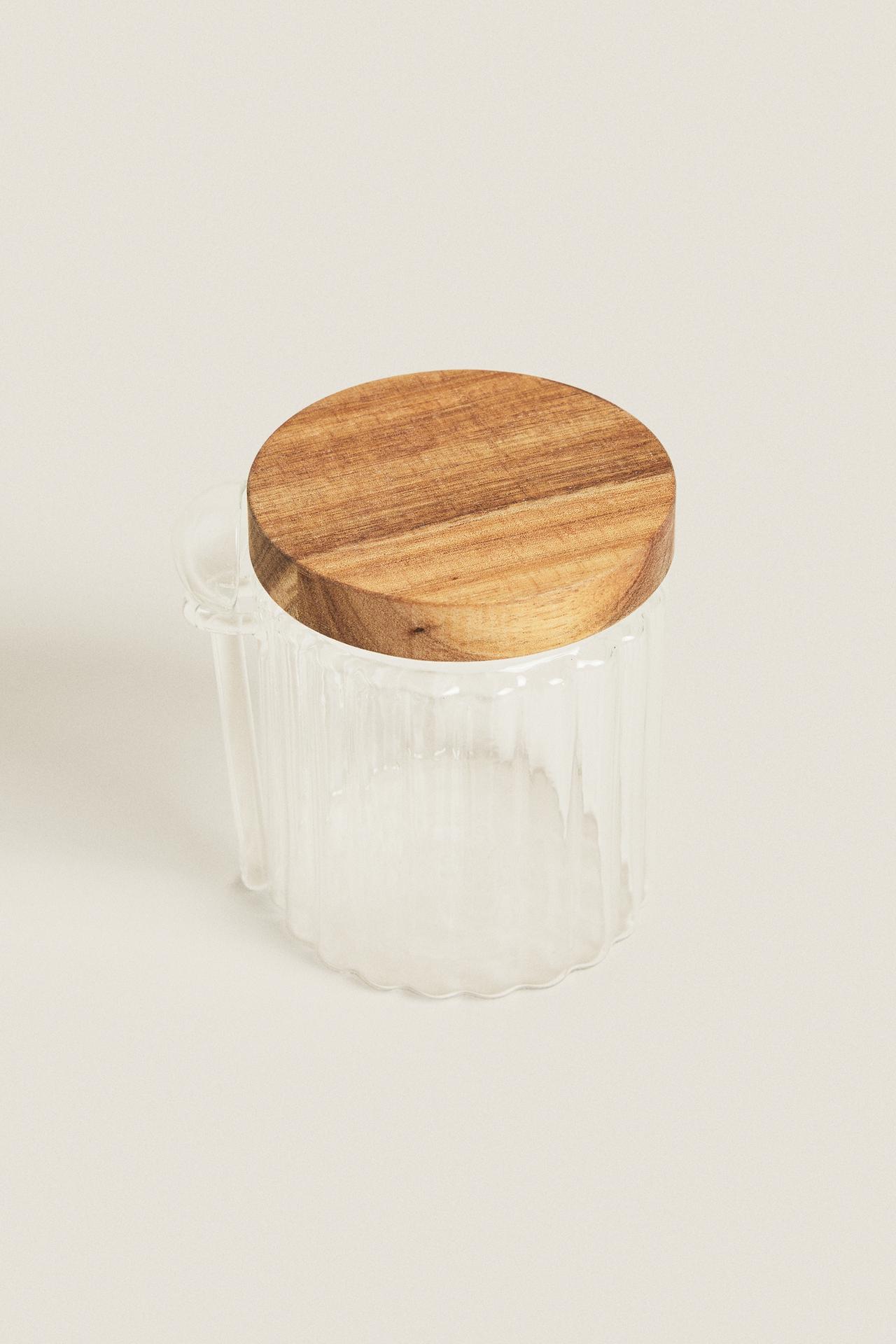BOROSILICATE GLASS AND WOOD SUGAR BOWL — Transparent