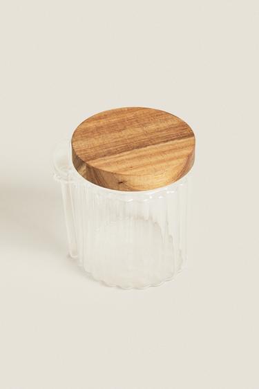 BOROSILICATE GLASS AND WOOD SUGAR BOWL — Transparent 2