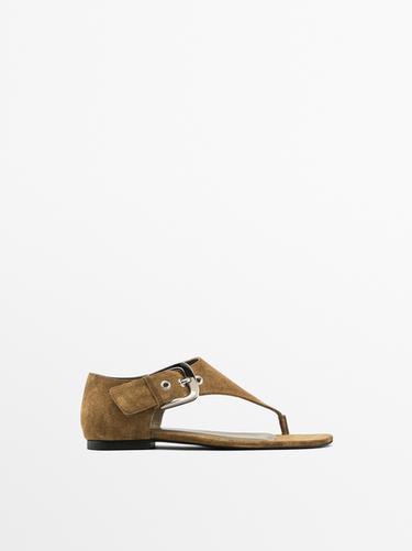 Zara Split suede flat sandals - taupe brown - Image 0