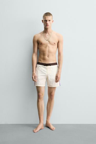 LONG CONTRAST SWIMMING TRUNKS - Ecru by Zara - Image 0
