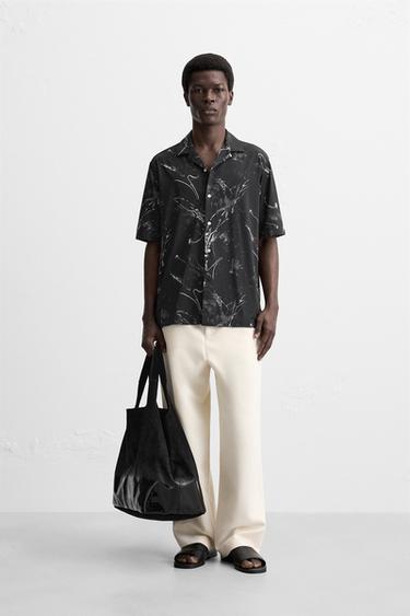 Zara ABSTRACT PRINT STRETCH SHIRT - Black - Image 0