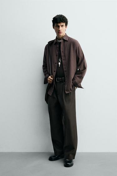 Zara 格紋棉質/人造絲襯衫 - 絳紅色