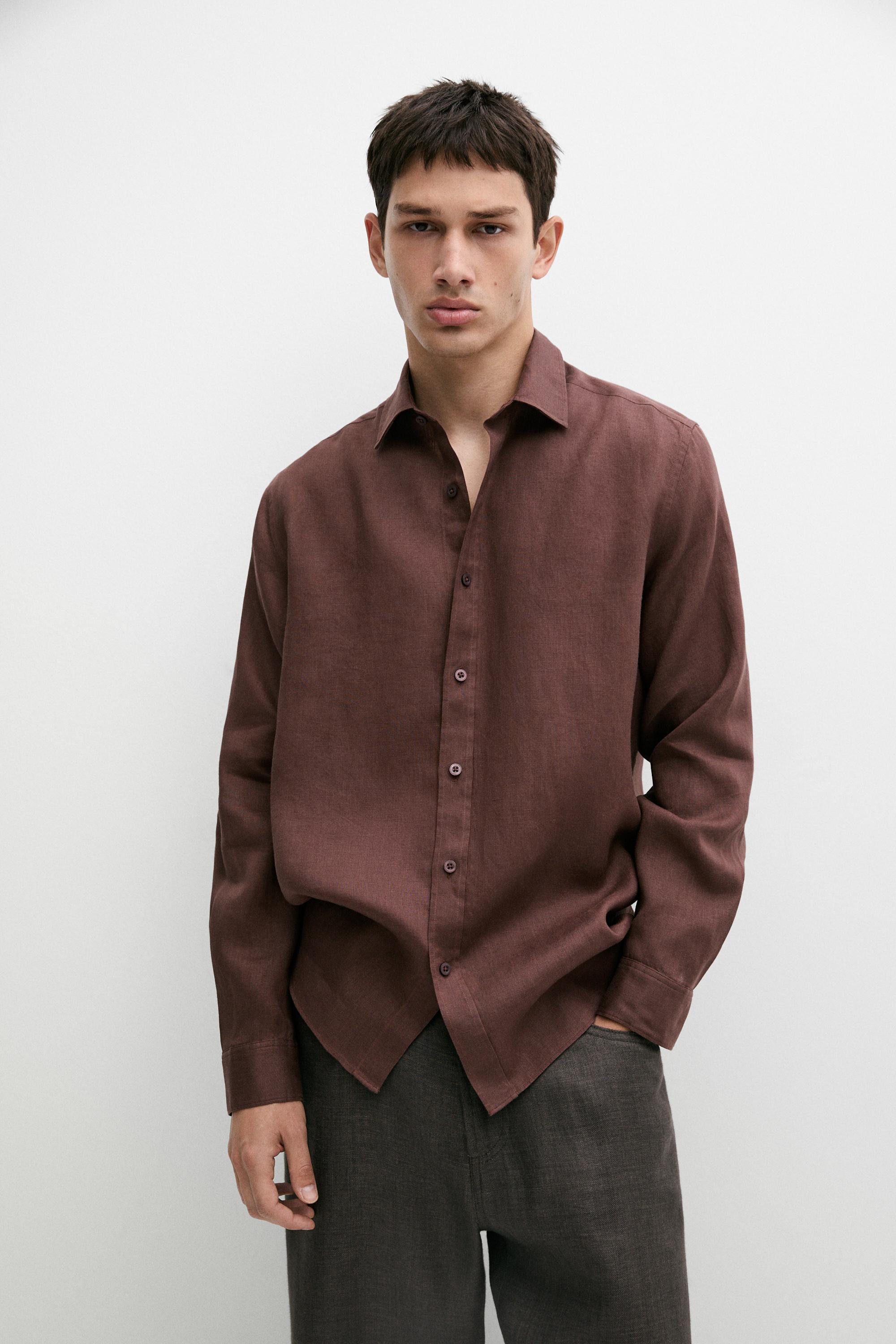 Slim fit 100% linen shirt — Dark maroon