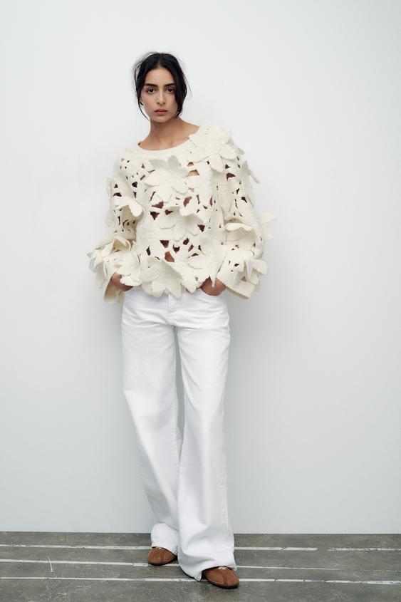 TEXTURED FLORAL KNIT SWEATER Ecru ZARA Turkey