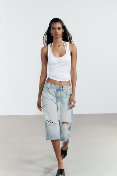 MID-WAIST RIPPED DENIM JORTS BERMUDA SHORTS - Light blue by Zara