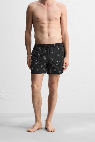 REGULAR SWIMMING TRUNKS WITH EMBROIDERY - Black by Zara - Image 1