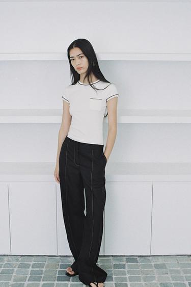 메탈릭 얀 배색 티셔츠 - Zara 화이트