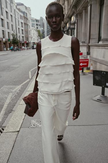 Zara RUFFLED SATIN EFFECT TOP - Ecru