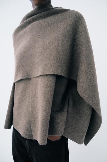 MANTEAU COURT EN MAILLE AVEC ÉCHARPE - Marron / Taupe de Zara - Image 1