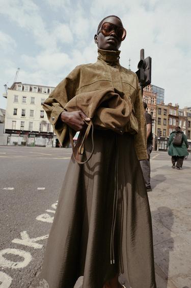 100% LEATHER BOMBER JACKET - Khaki by Zara - Image 3