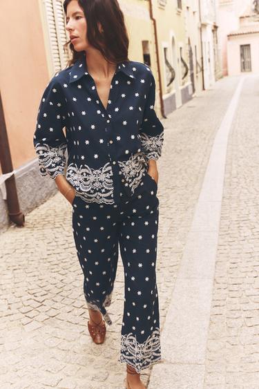 Zara EMBROIDERED CULOTTES - Blue / White