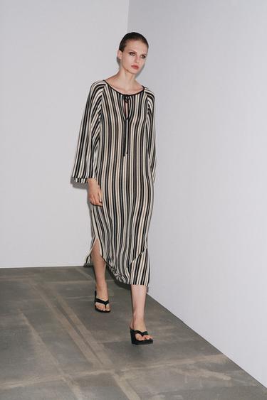 Zara 亞麻條紋針織洋裝 - 裸色 / 黑色 - 圖片 0