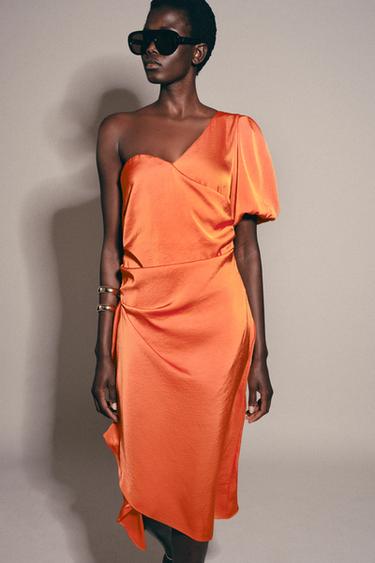 ASYMMETRIC SATIN MIDI DRESS - Orange by Zara