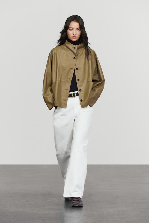 Veste courte col montant en cuir nappa - Kaki de Zara - Image 0