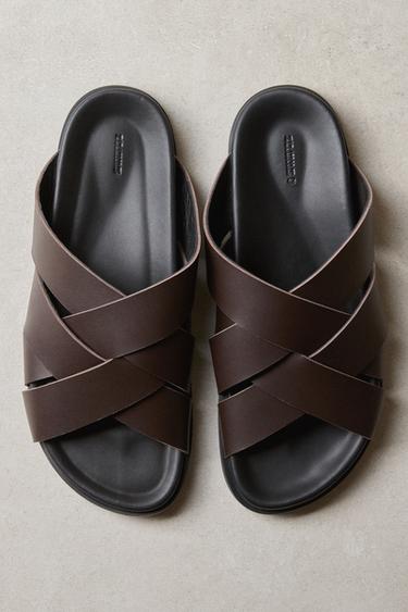 Zara LEATHER CROSSOVER STRAP SANDALS - Brown