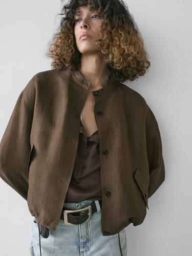 Zara Linen and silk bomber jacket - Khaki