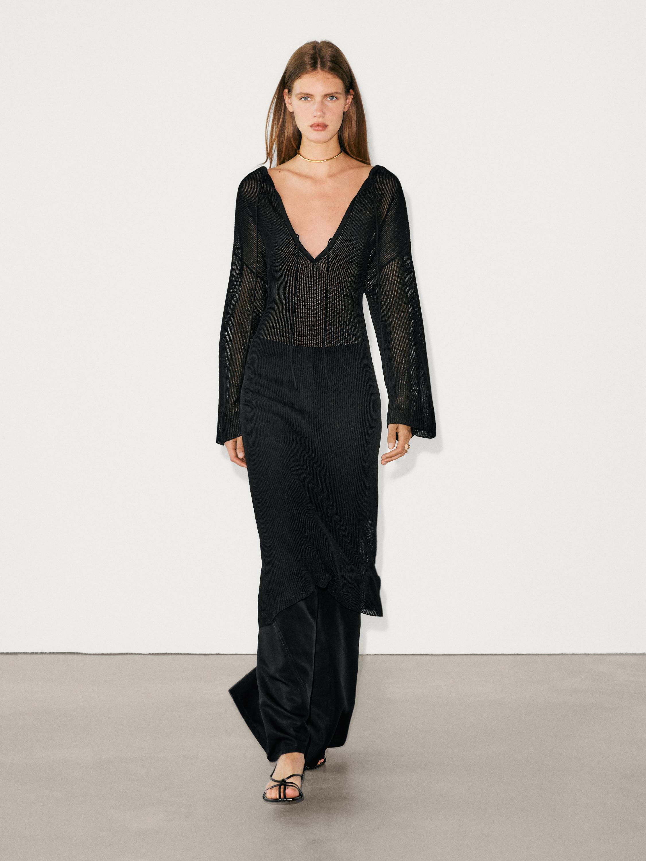 Robe midi en maille cotelee semi transparente Noir ZARA Canada