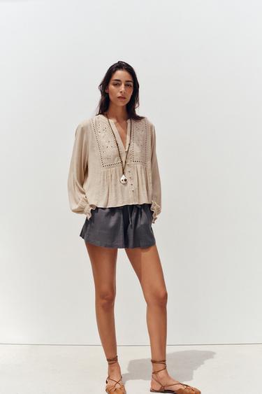 SHORT BLOUSE WITH CUTWORK EMBROIDERY - Sand by Zara