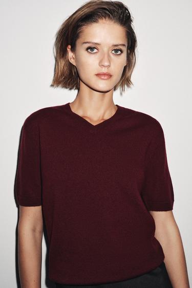 TRICOT TOP 100% WOL KORTE MOUWEN - Wijn van Zara