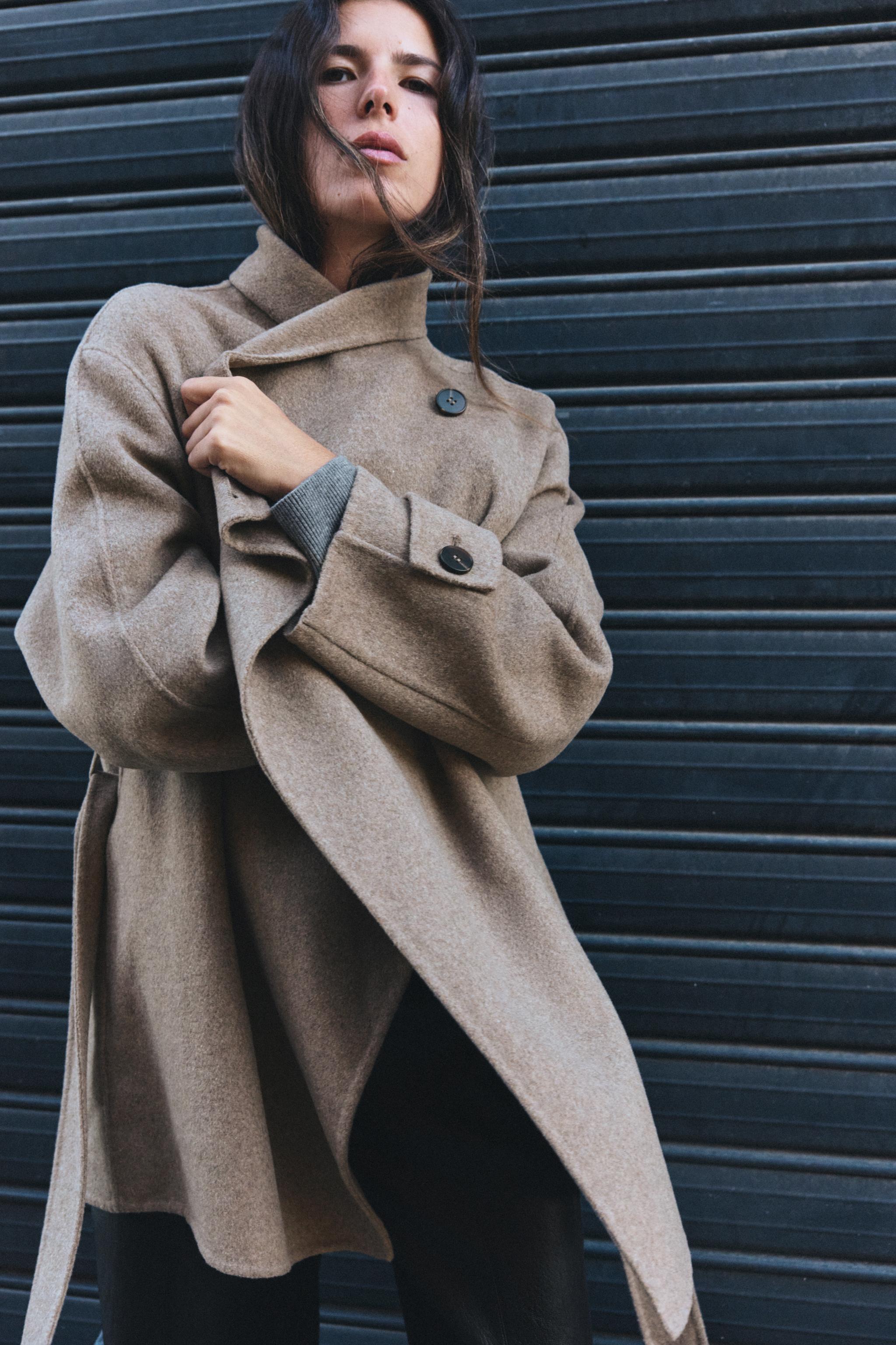 ウール混紡ベルト付きダブルブレストコート - ミンク | ZARA Japan / 日本