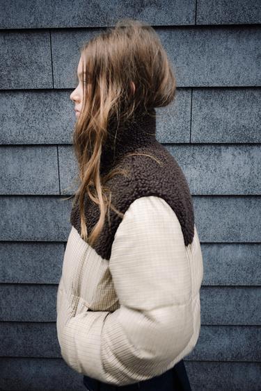CHECKED FAUX SHEARLING PADDED JACKET — Ecru / Brown 1
