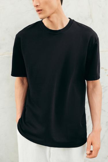 Zara 寬鬆版雙面織紋棉質T恤 - 黑色