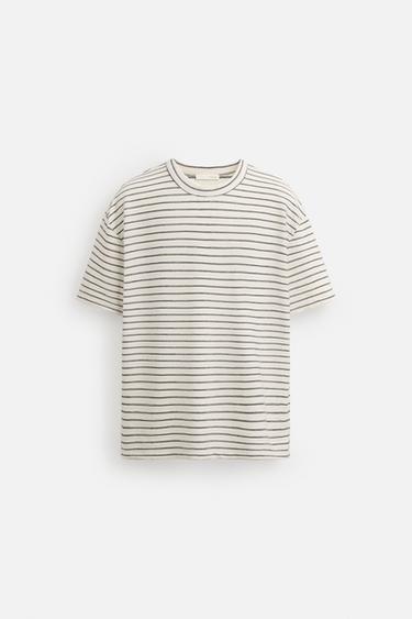 Zara JACQUARD STRIPED T-SHIRT - Ecru / Navy