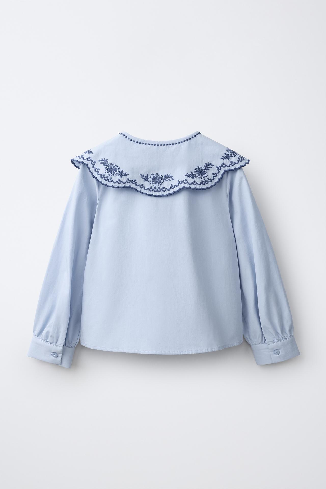EMBROIDERED PETER PAN COLLAR SHIRT — Light blue
