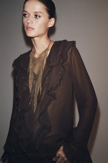 Zara ZW COLLECTION BEADED RUFFLE BLOUSE - Brown