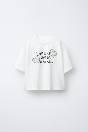 CAMISETA TEXTO PARCHES CORAZÓN - Blanco de Zara