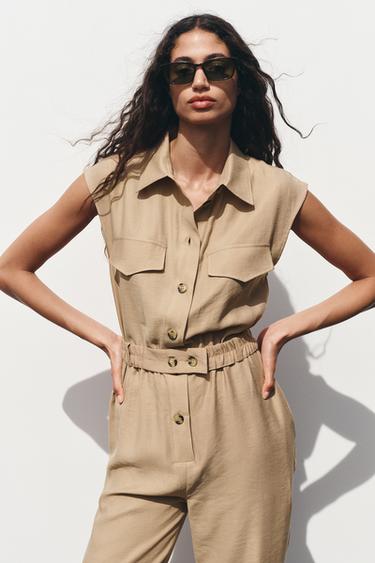 SLEEVELESS JUMPSUIT WITH BELT - camel by Zara - Image 1
