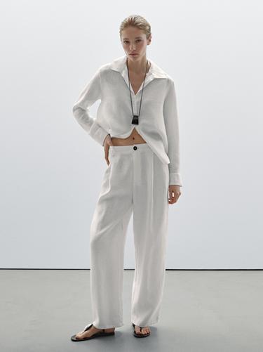 Zara 100% linen open collar shirt - White