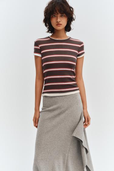 Zara 雙條紋 T 恤 - 巧克力棕色