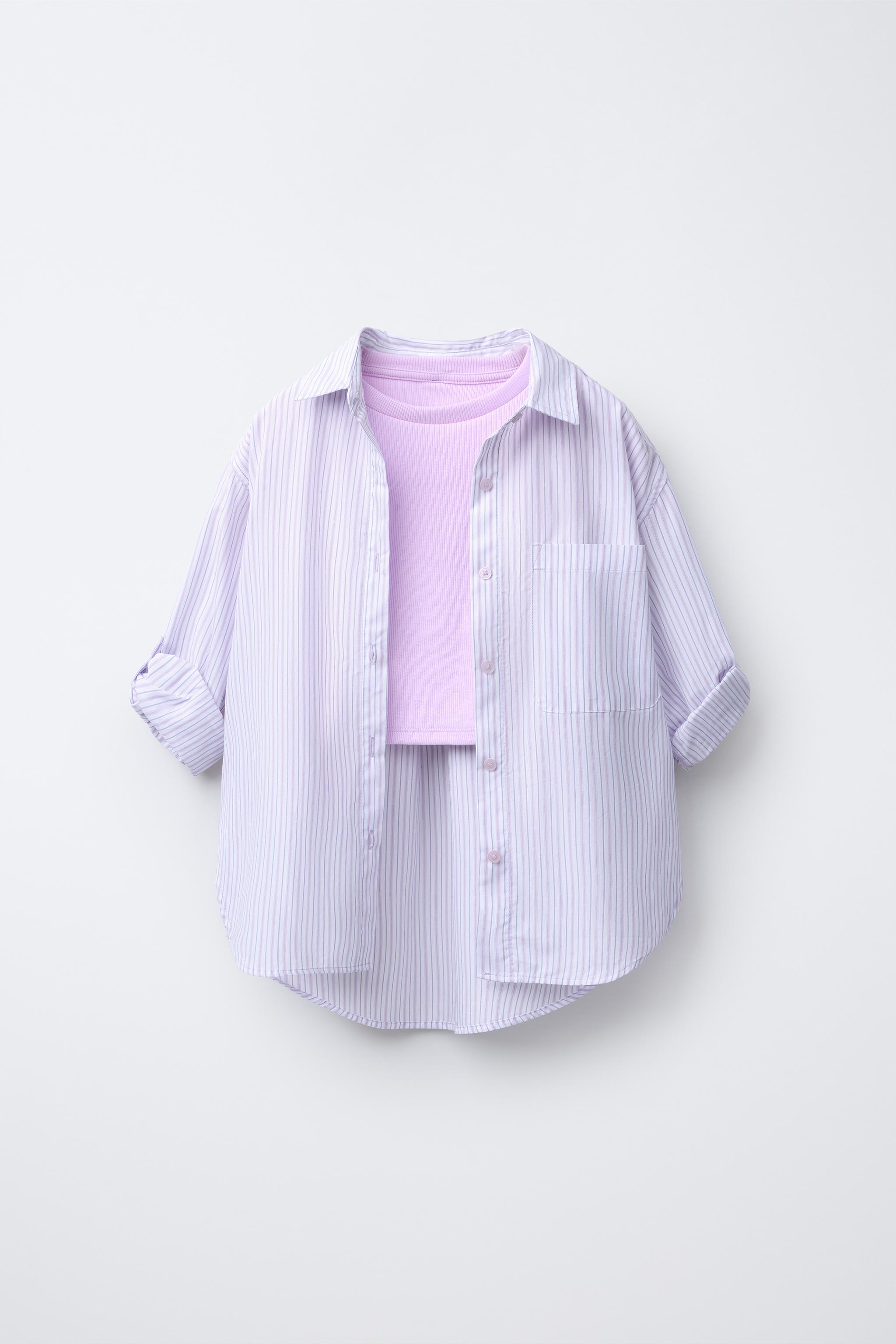 STRIPED POPLIN SHIRT AND RIB T-SHIRT PACK - Mauve | ZARA