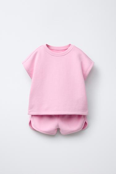 Zara PLAIN MEDIUM WEIGHT T-SHIRT AND BERMUDA SET - Pale pink