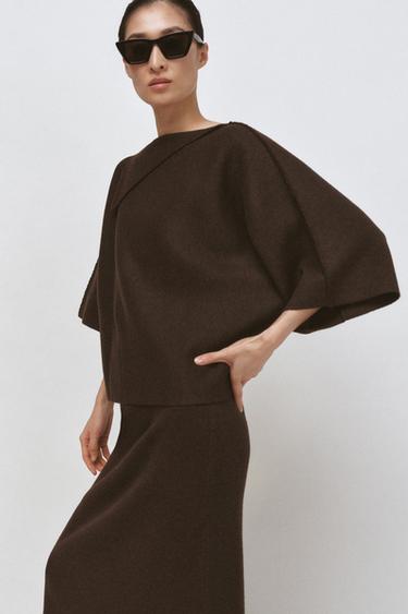 Zara LAPEL COLLAR KNIT JUMPER - Brown