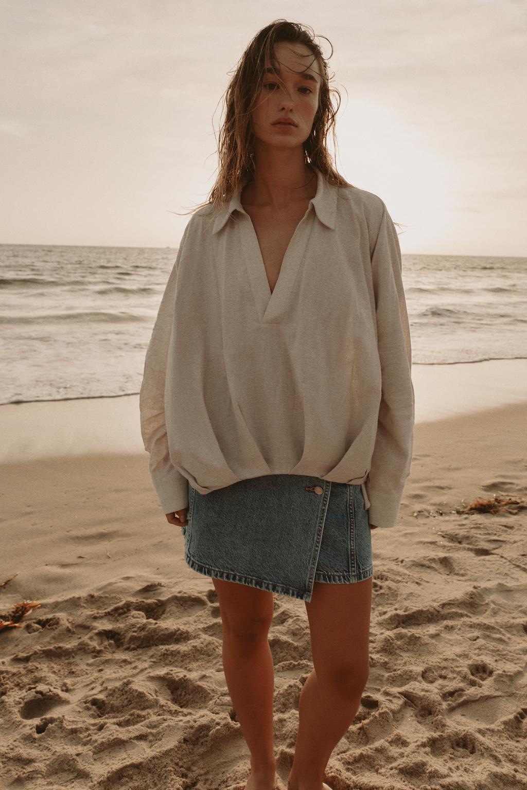 LINEN BLEND SHIRT WITH PUFF HEM