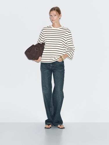 Zara Striped T-shirt with elbow-length sleeves - Ecru - Image 0