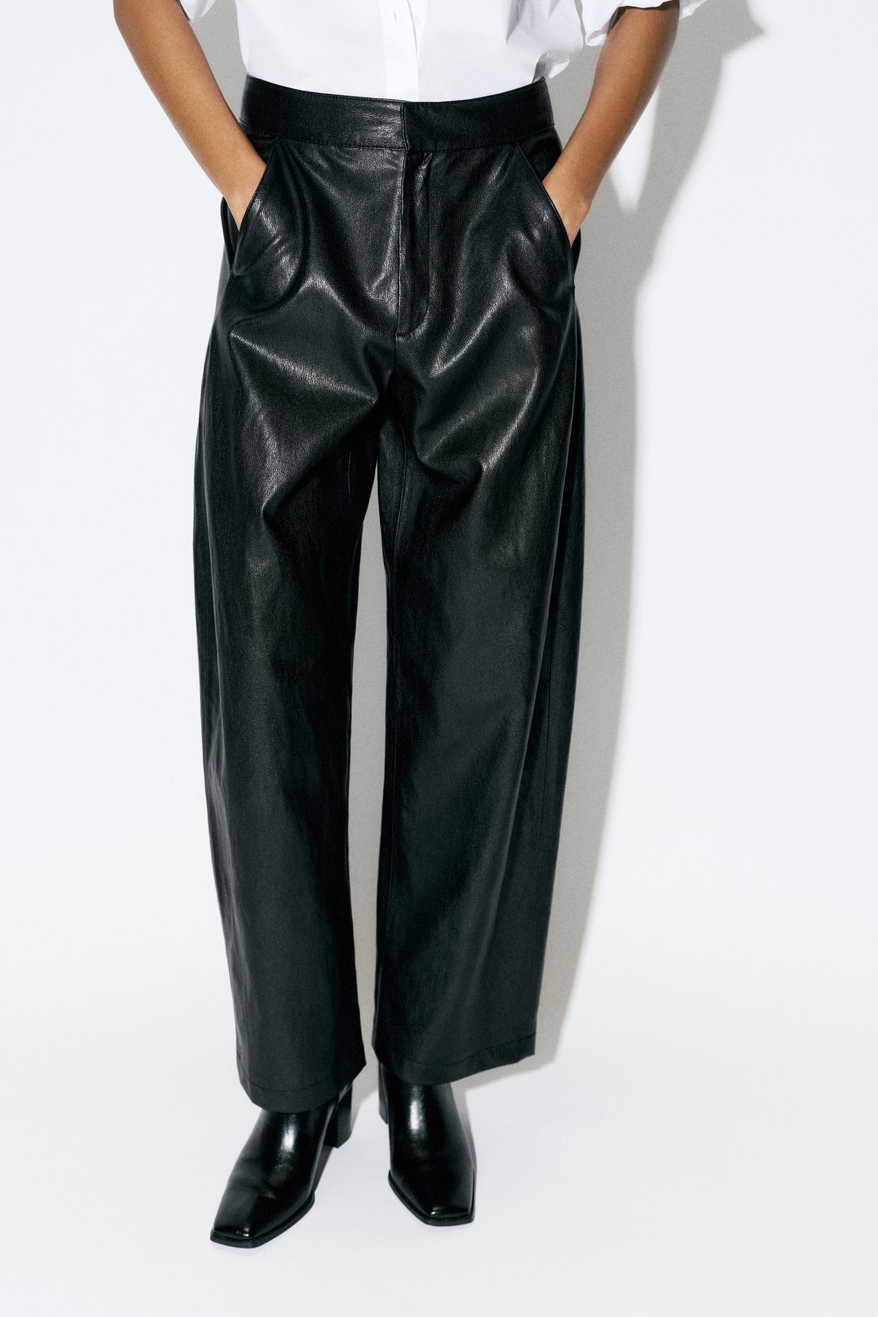 FAUX LEATHER BARREL PANTS — Black