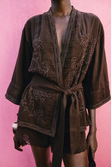 VESTE KIMONO BRODERIES CEINTURE - Marron de Zara - Image 2