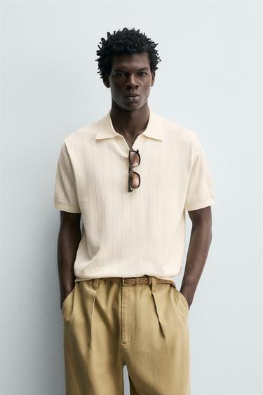Zara REGULAR FIT KNIT POLO - Ecru