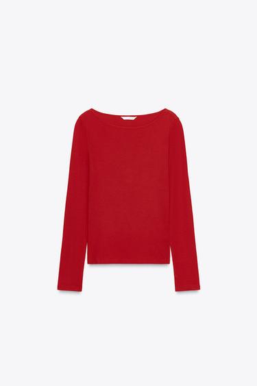 T-SHIRT COL BATEAU EN COTON - Rouge de Zara - Image 5