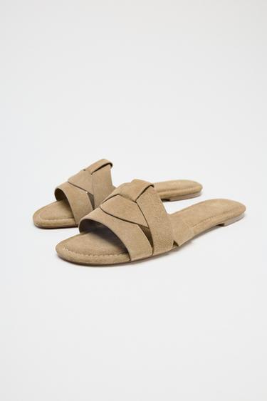 CROSSOVER SPLIT SUEDE FLAT SANDALS - Brown by Zara - Image 3