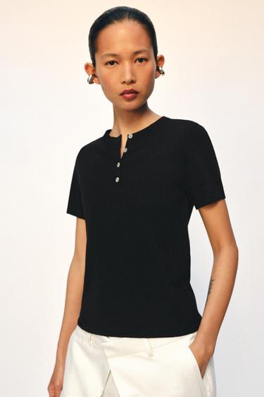 KNIT BUTTON-UP TOP - Black by Zara