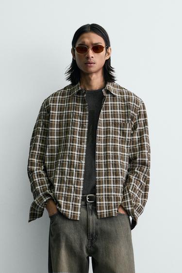 Zara RELAXED FIT PLAID SHIRT - taupe brown