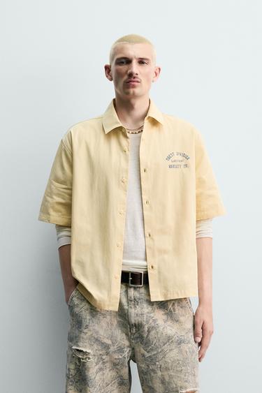 Zara PRINTED TEXT BOXY FIT SHIRT - Sand
